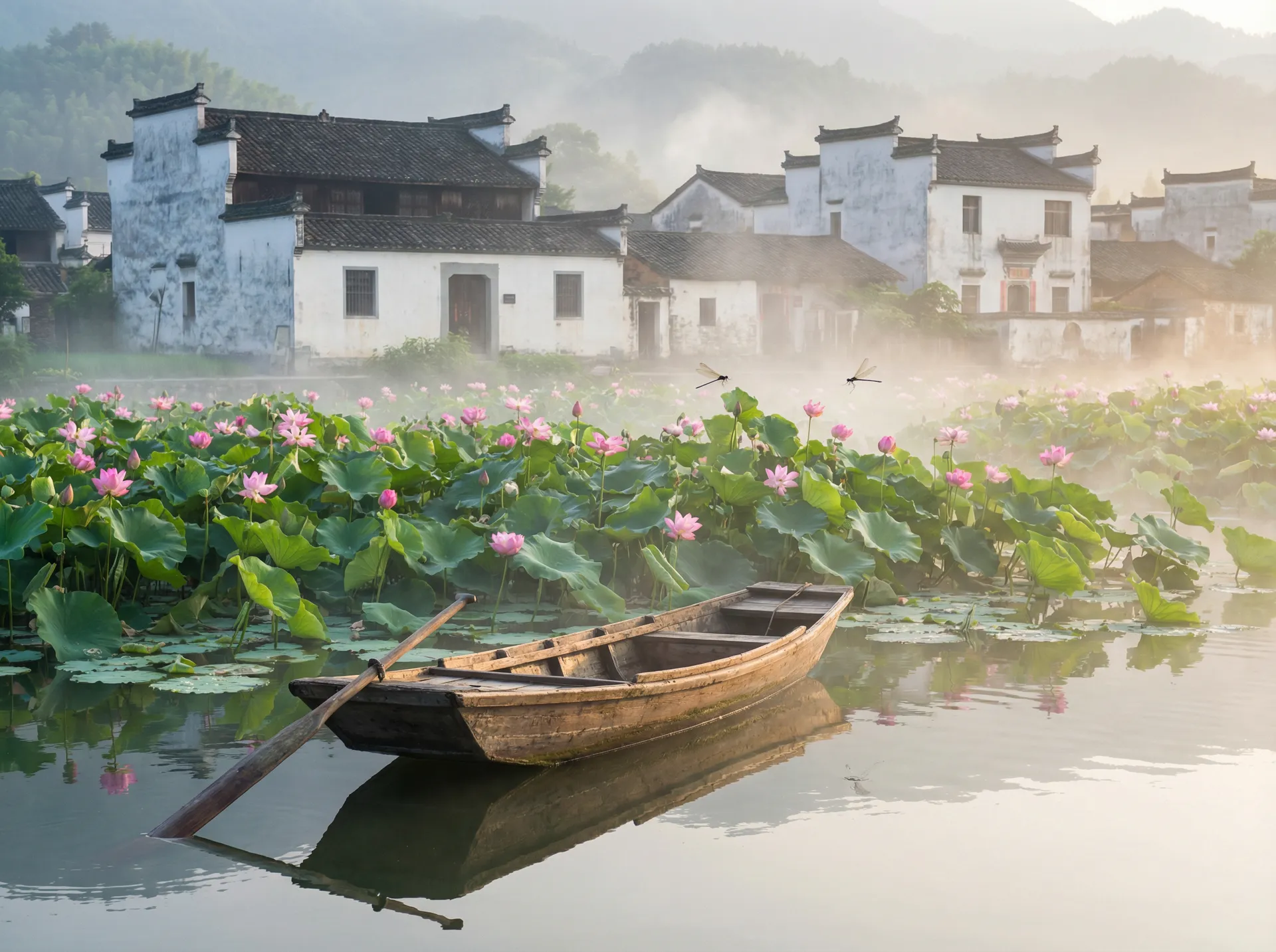 清晨荷塘小舟，粉色荷花盛开，白墙黑瓦的村庄 - 日本vpswindows中国 水乡风情